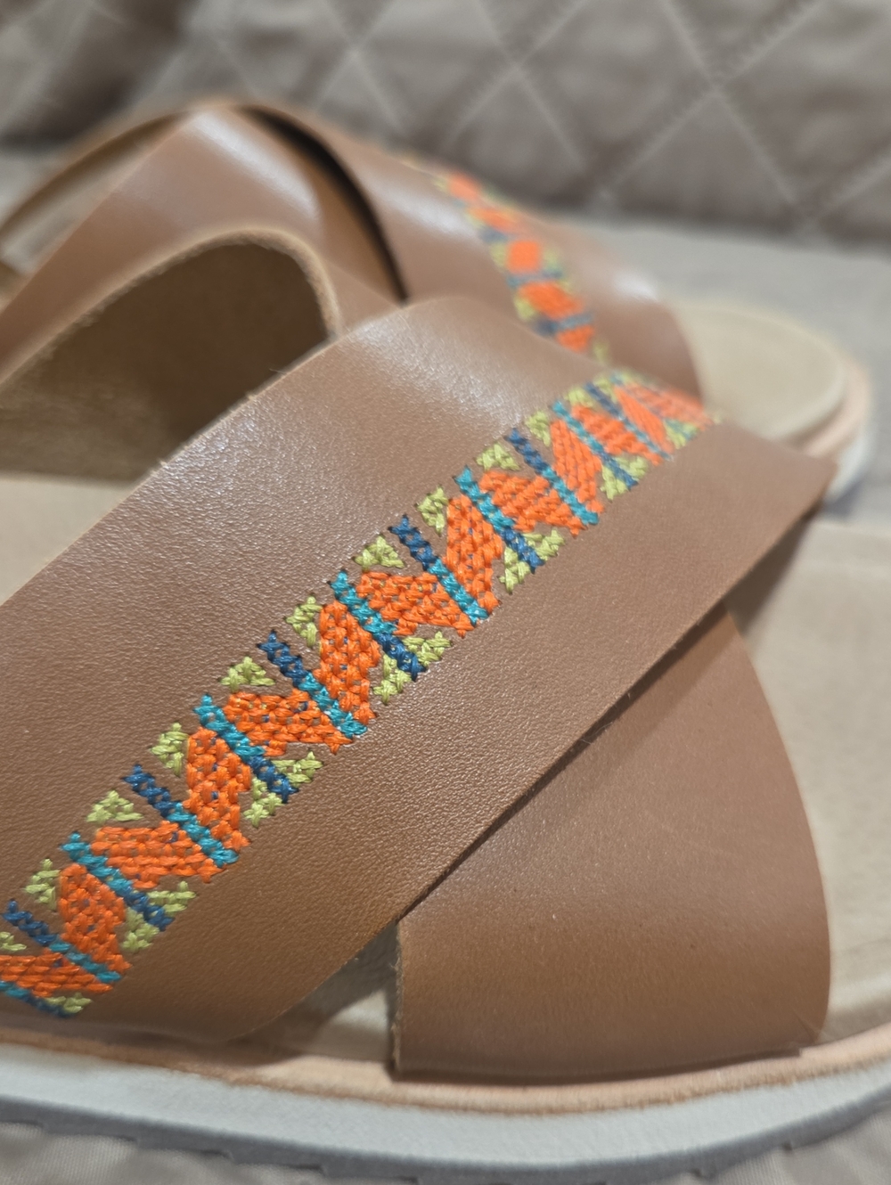 Merrell Women's Brown Slide Sandals with Orange and Green Embroidery - Picture 3 of 9